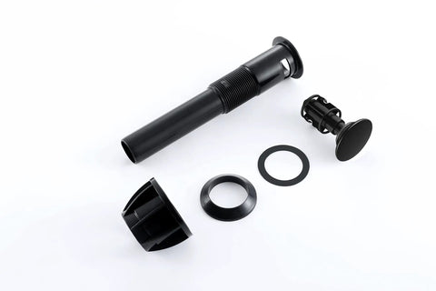 Pop Up Drain Stopper With Overflow For Bathroom Sink In Matte Black, Vessel Lavatory Vanity Drain Assembly parts displayed