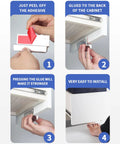 Installation steps for Adhesive Touchless Foot Pulls For Cabinet Trash Cans, showing peel-off adhesive, attachment, pressing, and application.