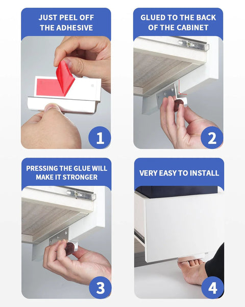 Installation steps for Adhesive Touchless Foot Pulls For Cabinet Trash Cans, showing peel-off adhesive, attachment, pressing, and application.