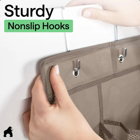 Close-up of hands hanging Over The Door Shoe Organizer With 24 Large Breathable Mesh Pockets And 40 Lbs Weight Capacity, Beige
