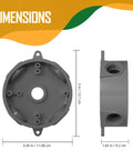 Weatherproof Round Electrical Outlet Box for One Half Inch or Three Quarter Inch Conduit, Five Hole Mount, Includes Reducer Bushings and Closure Plugs, UL Listed, Gray PVC Construction, Built Tough for Outdoor Junctions, Lampholders, and Lighting, dimensions shown