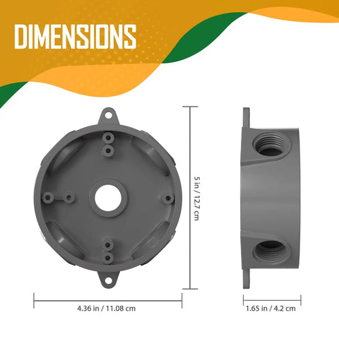 Weatherproof Round Electrical Outlet Box for One Half Inch or Three Quarter Inch Conduit, Five Hole Mount, Includes Reducer Bushings and Closure Plugs, UL Listed, Gray PVC Construction, Built Tough for Outdoor Junctions, Lampholders, and Lighting, dimensions shown