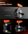 Close-up of adjustable clamp with 3/8 and 1/4 screw holes for 9.8 Inch Magic Arm Clamp Kit with Versatile One Quarter Inch And Three Eighths Inch Thread Screws, 360 Degree Adjustable Ball Heads, An Articulating Camera Mount For Monitor, Flash, LED Light, Mic, Cage, And Action Cams.