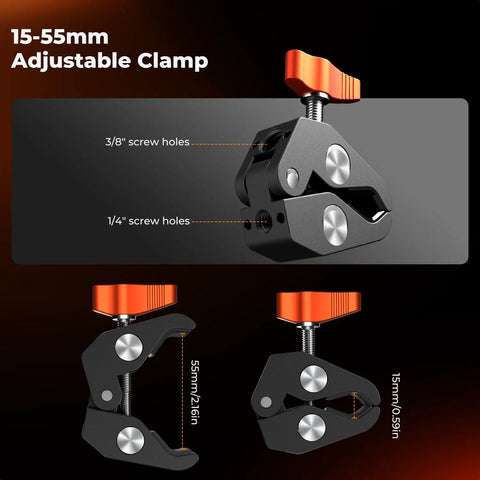 Close-up of adjustable clamp with 3/8 and 1/4 screw holes for 9.8 Inch Magic Arm Clamp Kit with Versatile One Quarter Inch And Three Eighths Inch Thread Screws, 360 Degree Adjustable Ball Heads, An Articulating Camera Mount For Monitor, Flash, LED Light, Mic, Cage, And Action Cams.