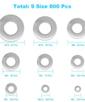 Stainless steel flat washer set, 9 sizes (M2-M12), 800 pcs total; counts shown per size.