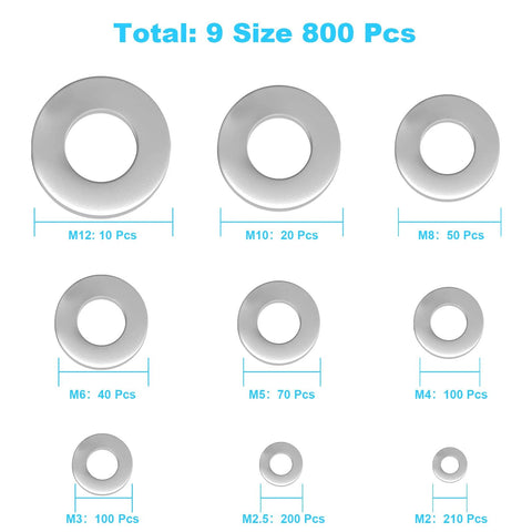 Stainless steel flat washer set, 9 sizes (M2-M12), 800 pcs total; counts shown per size.