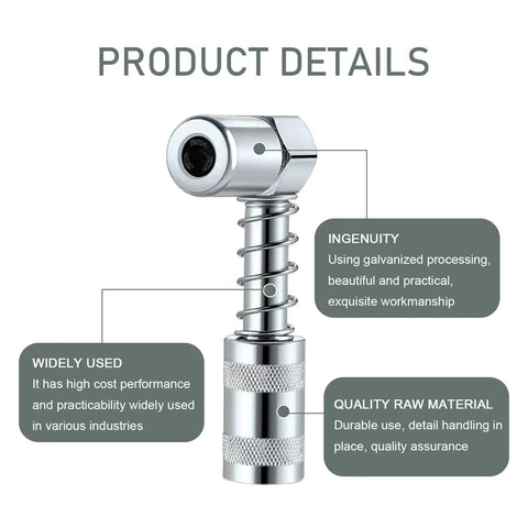 Close-up of 90 Degree Grease Coupler Adapter Two Pack, Heavy Duty Steel Grease Gun Fittings With Sleeves, corrosion resistant.