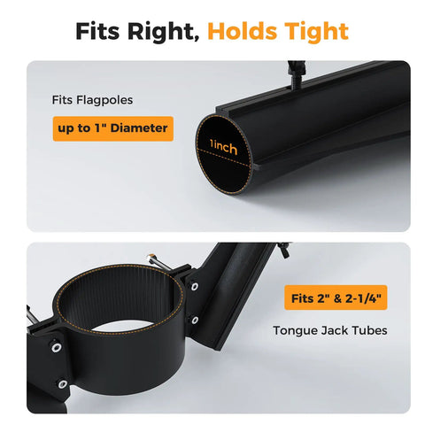 Dual Flag Pole Mount For Trailer Jack Fits Two Inch And Two And Quarter Inch Poles showing fit for 1 inch flagpoles and jack tubes