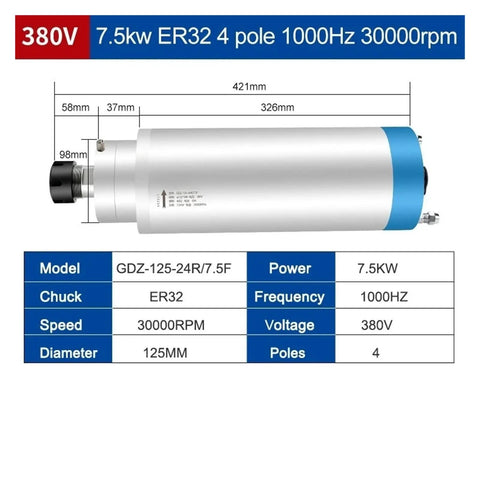Top Shelf Water Cooled Cnc Spindle Motor 7.5Kw 380V with ER32 chuck, showing dimensions and specifications for milling tasks.