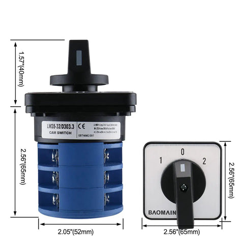 LW28-32 D303.3 Rotary Cam Changeover Switch 3 Phase 660V 32A 12 Terminals with 1-0-2 Positions shown in side and front view