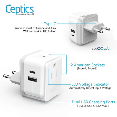 Worldwide Travel Power Adapter Set With 20W Power Delivery And Quick Charge, showing American sockets and USB ports for global use.