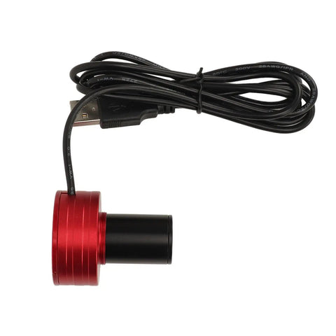 Red and black 2MP Astronomy Eyepiece Camera for Telescopes, 1080P USB Digital Capture, shown with attached USB cable.