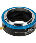 Tilt Shift Lens Mount Adapter For Canon FD And FL Lenses To Fujifilm X Series Mirrorless, Lets You Shift Up To 20mm, Tilt Up To 10 Degrees, And Rotate 360 Degrees, Revives Vintage Glass, Built Tough With 2 Year Warranty. Black metal adapter with blue ring and shift lever.
