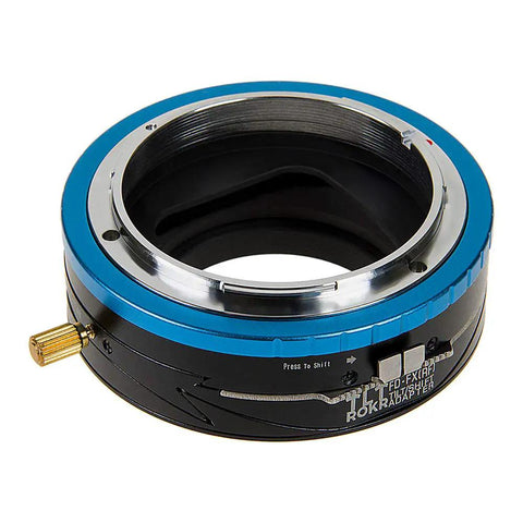 Tilt Shift Lens Mount Adapter For Canon FD And FL Lenses To Fujifilm X Series Mirrorless, Lets You Shift Up To 20mm, Tilt Up To 10 Degrees, And Rotate 360 Degrees, Revives Vintage Glass, Built Tough With 2 Year Warranty. Black metal adapter with blue ring and shift lever.