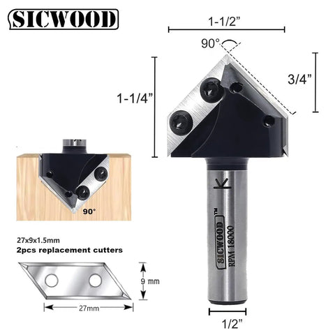 Heavy Duty Pro Grade Carbide V Groove 90 Degree Router Bit Half Inch Shank For Woodworking, replacement cutters shown