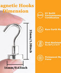 Close-up of 30 Pcs Super Strong Magnetic Hooks 25 Lbs Heavy Duty Magnetic Hooks dimensions and features with hand holding a hook.