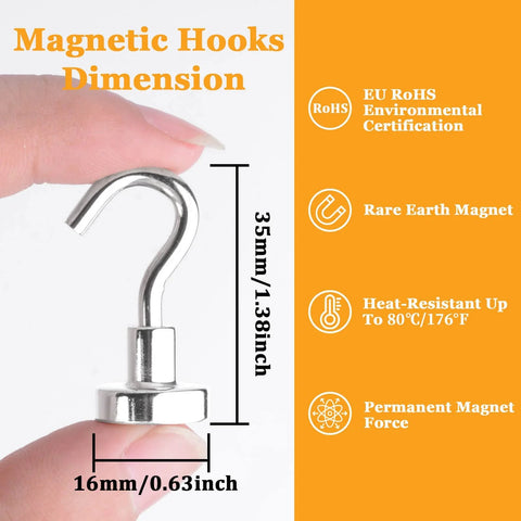 Close-up of 30 Pcs Super Strong Magnetic Hooks 25 Lbs Heavy Duty Magnetic Hooks dimensions and features with hand holding a hook.