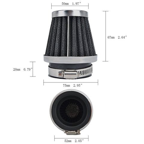 Two Pack 2.05 Inch Round Tapered Clamp On Motorcycle Air Filters For Dirt Bikes ATVs Mopeds Pit Bikes Scooters Vintage 52mm Intake Pods Filter Cleaner Performance, showing detailed measurements and design.