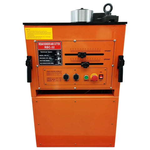 Jobsite Ready Heavy Duty Electric Rebar Bender And Cutter Combo 110V Foot Switch Rig close-up of control panel with specs.