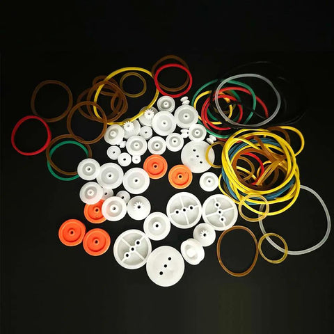84 Piece Belt Pulley Set For 2mm Shafts With Rubber Bands Plastic Pulleys In Eight Sizes And Four Band Sizes DIY Model Kit