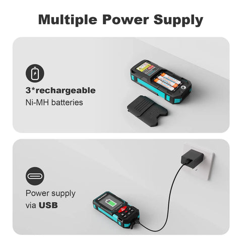 Laser Measure Tool With 165 Feet Range, Dual Bubble Levels displayed with rechargeable batteries and USB charging.