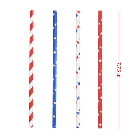 Patriotic Paper Straws 100 Pack With Red Blue White Flag Designs 7.75 Inch Biodegradable shown in distinct star stripe patterns