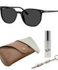 RB2197 Square Polarized Sunglasses For Men And Women shown with black square frame, eyewear case, and maintenance kit.