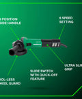 Five Inch Angle Grinder With High Torque And Brushless 12 Amp AC Motor, Variable Speed Six Speeds, Soft Start, Toolless Wheel Guard