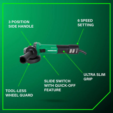 Five Inch Angle Grinder With High Torque And Brushless 12 Amp AC Motor, Variable Speed Six Speeds, Soft Start, Toolless Wheel Guard