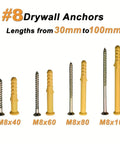 Heavy Duty Concrete Anchor Bolts Kit M6 M8 176 Pcs Self Tapping Screws With Plastic Expansion Plugs Yellow Zinc Plated Carbon Steel No Prep Install Suits Wall Mounts On Concrete And Masonry Surfaces, M8 x 40-100