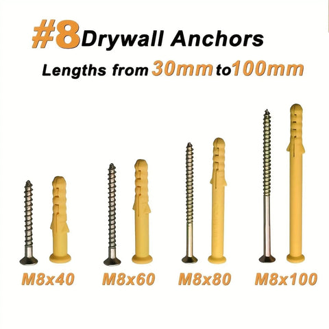 Heavy Duty Concrete Anchor Bolts Kit M6 M8 176 Pcs Self Tapping Screws With Plastic Expansion Plugs Yellow Zinc Plated Carbon Steel No Prep Install Suits Wall Mounts On Concrete And Masonry Surfaces, M8 x 40-100