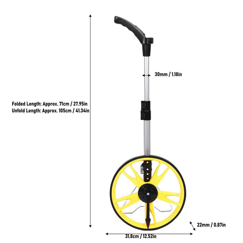Aramox Digital Measuring Wheel Aluminum Alloy Telescopic Distance Measure shown upright, dimensions indicated, yellow wheel.