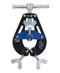 B&B Pipe 1220 PDQ pipe clamp, small, fits 1–3 in pipe; black frame with blue jaw and wing-screw handles.