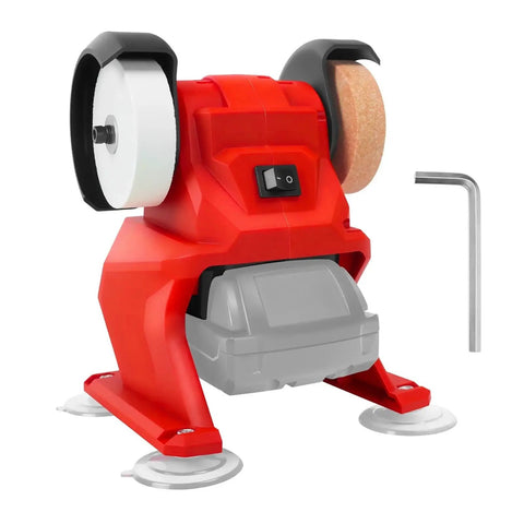 Heavy-Duty Cordless Bench Grinder With Dual Wheels For Metal Polishing And Sharpening High Speed 5500Rpm Electric Tool For DIY Projects Portable Power To Grind Steel Iron Brass Without Tangled Cords Easy Handling Smooth Finish, showing the red and gray body with dual wheels.