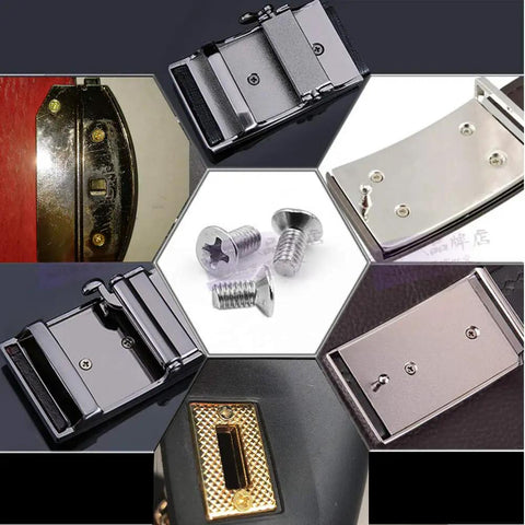 Heavy Duty Nickel Plated Flat Head Screws For Slick Belt Buckle And Handbag Repair Kit countersunk screws and buckles on display.