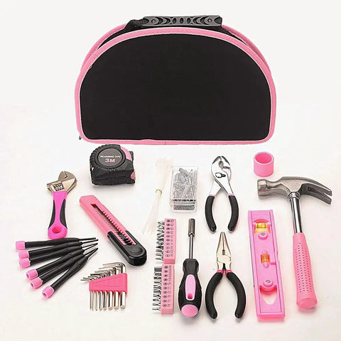 Pink 69 Piece Hand Tool Set For Women DIY Ready Tool Kit With 12 Inch Storage Bag Includes Torpedo Level Claw Hammer Tape Measure