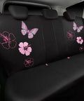 Universal Cloth Butterfly Car Seat Covers Full Set With Waterproof Floor Mats And Steering Wheel Cover Dope Flower Embroidered Design Black And Pink Interior Accessories Kit showing rear seat cover with pink butterfly and floral embroidery