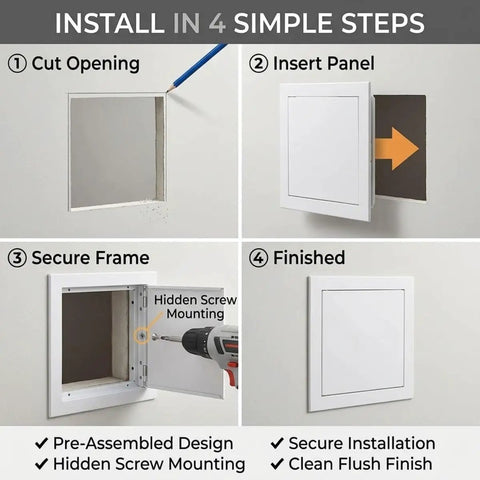Install steps for Built Tough Metal Access Panel With Zero Sag Magnetic Lock Covers Drywall Cutouts And Ceiling Openings Stays Put During Hvac Plumbing Fixes Snug Flush Look Gray 8X8 Inch Quick Clip.