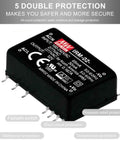 Ultra Compact 24V AC DC Power Supply 2W PC Board Mount, black module with multiple pins, featuring dual protection.