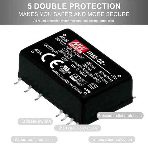 Ultra Compact 24V AC DC Power Supply 2W PC Board Mount, black module with multiple pins, featuring dual protection.