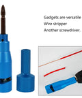 Heavy Duty Wire Stripper Crimping Tool For Power Drill with blue metal body, rotatable design and interchangeable heads.
