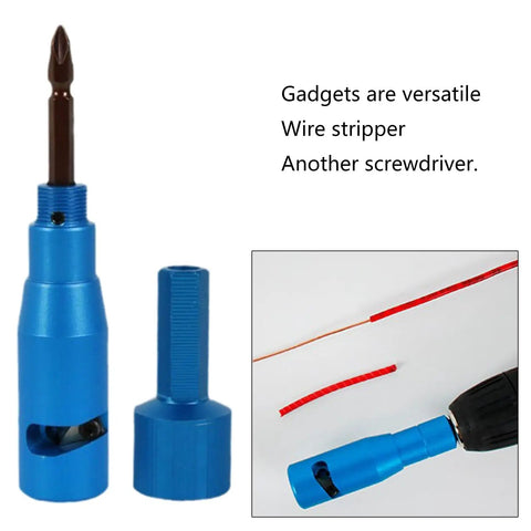 Heavy Duty Wire Stripper Crimping Tool For Power Drill with blue metal body, rotatable design and interchangeable heads.