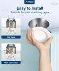 Hand holding 20 Pack Recessed LED Can Lights With Dimmable IC Rated 12.5W, showing E26 base and TP24 connector options.