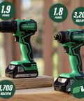 Cordless 18V Drill And Impact Driver Combo Kit With Sub Compact Design, Brushless Motors, displayed on wooden table