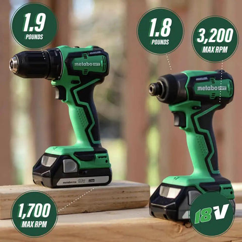 Cordless 18V Drill And Impact Driver Combo Kit With Sub Compact Design, Brushless Motors, displayed on wooden table