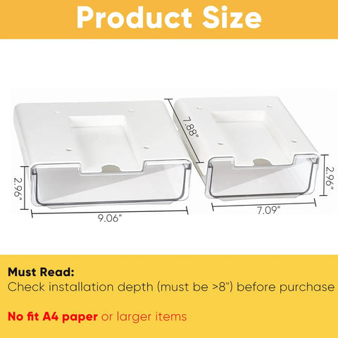 Super Sleek 2 Pack Under Desk Pull Out Storage Drawers Clear Acrylic Drawer Slides With Heavy Duty Self Adhesive Mount And No Sweat Setup For Home Office Counters dimensions displayed next to two clear acrylic drawers.
