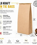 Pack Of 250 Brown Paper Tin Tie Coffee Bags With Reclosable Seal Stand Up Pouches For Coffee Cookies Bakery Packaging And Food Storage Sixteen Inch By Six And One Half Inch By Four Inch with product details.