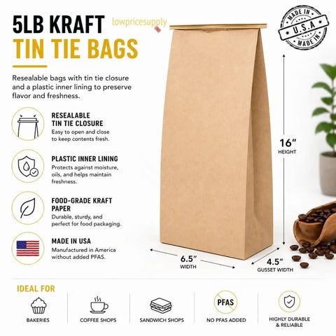 Pack Of 250 Brown Paper Tin Tie Coffee Bags With Reclosable Seal Stand Up Pouches For Coffee Cookies Bakery Packaging And Food Storage Sixteen Inch By Six And One Half Inch By Four Inch with product details.