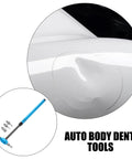 Pro Grade Multi Head Paintless Dent Removal Hammer Kit with blue tool and dent on white car surface.