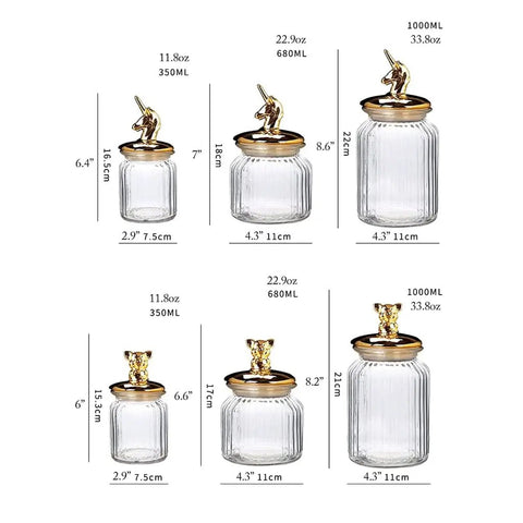 Dead Legit Glass Kitchen Storage Jars With Snap On Lids in three sizes, showing clear glass and decorative lids for organization.